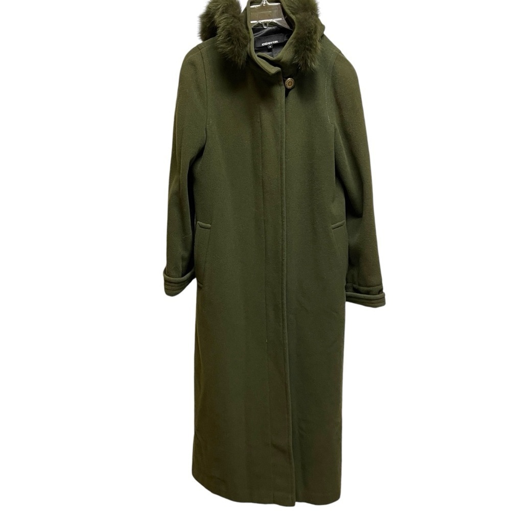 Jones New York long coat size 8 fur trim cashmere wool coat green olive